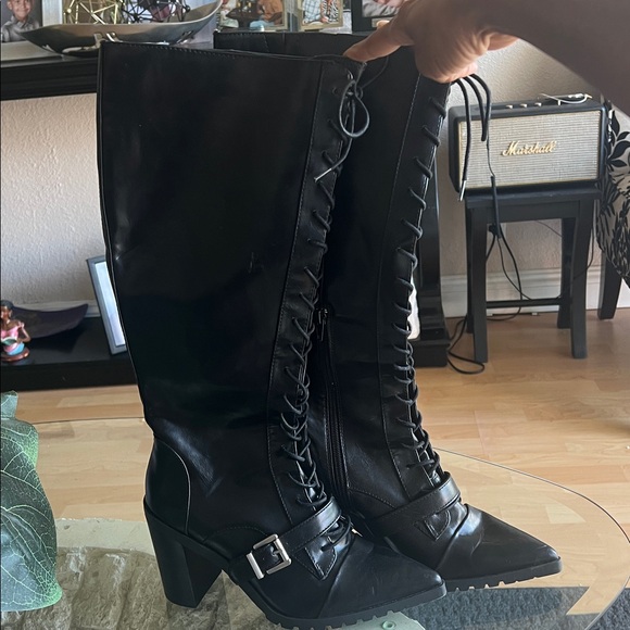Charles David Knee High Black Lace Up Boots - Picture 2 of 4